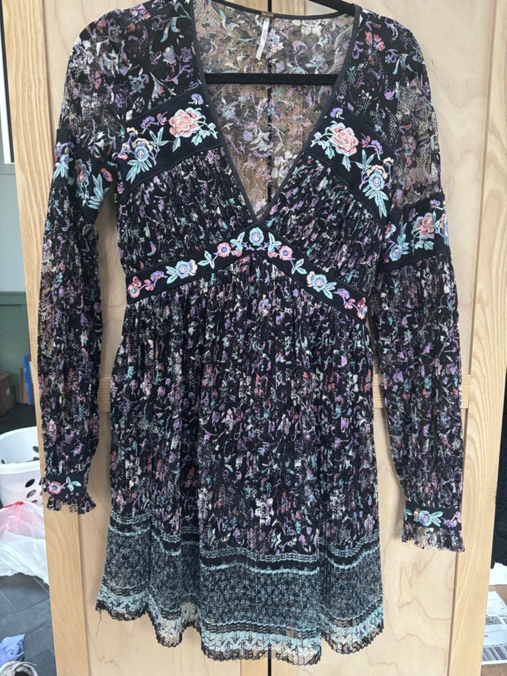 Free People Black Floral Embroidered V-Neck Long Sleeve Dress